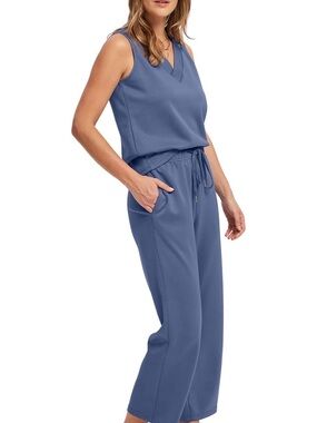 Sleeveless V-Neck Drawstring Jumpsuit in Slate Blue